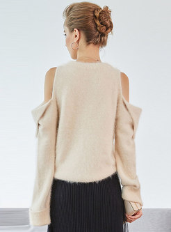 Pure Color Off Shoulder O-neck Knitted Sweater