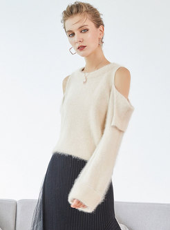Pure Color Off Shoulder O-neck Knitted Sweater