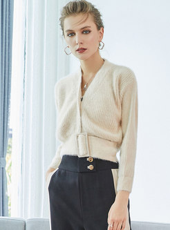 Solid Color V-neck Belted Zip-up Sweater