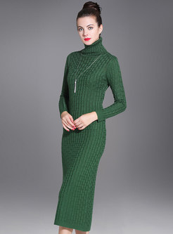 Pure Color High Neck Sheath Knitted Dress