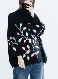 Fashion Black Embroidered Front Plus Size Sweater
