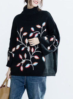 Fashion Black Embroidered Front Plus Size Sweater