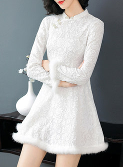 Solid Color Standing Collar Long Sleeve Lace Mini Dress