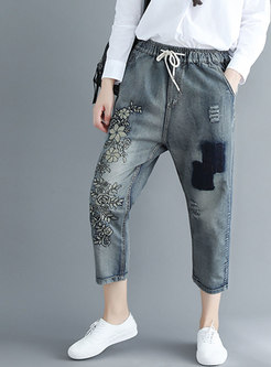 Autumn Casual Shift Harem Pants With Embroidery
