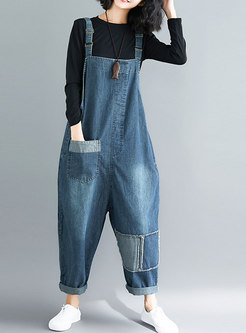 Stylish Blue Distressed Denim All-matched Overalls
