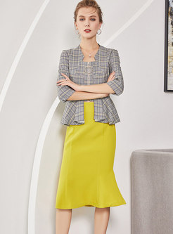  Grid Three Quarters Sleeve Falbala Slim Blazer & Yellow Sheath Mermaid Skirt
