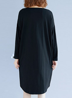 Casual Black Dolman-Sleeve Digital Print Straight Dress