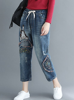 Fashion All-matched Embroidered Plus Size Denim Pants