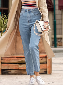 Light Blue Mid Waist Straight Easy-matching Jeans
