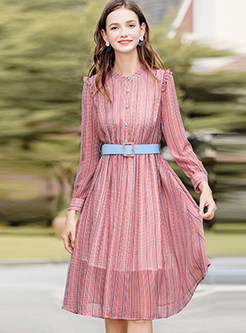 Trendy Standing Collar Long Sleeve Chiffon Dress