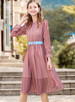 Trendy Standing Collar Long Sleeve Chiffon Dress