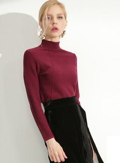 Brief Solid Collar High Neck Slim Knitted Sweater
