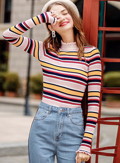 Multicolor High Neck Striped Sweet Sweater