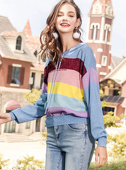 Chic Color-blocked Striped Hooded Tied Sweater
