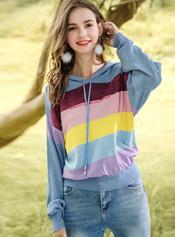 Chic Color-blocked Striped Hooded Tied Sweater