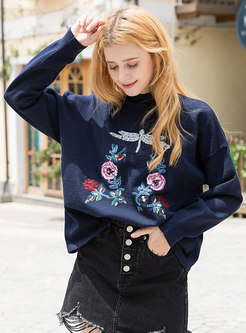 Chic Embroidered High Neck Loose Sweater