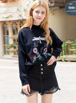 Chic Embroidered High Neck Loose Sweater