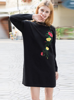 Lace Splicing Embroidered Knitted Long Sweater