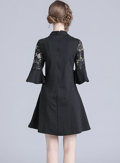 Trendy Stand Collar Flare Sleeve Lace-paneled Dress