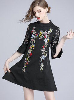 Trendy Stand Collar Flare Sleeve Lace-paneled Dress