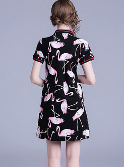 Casual Black Crane Print Wrap Bodycon Mini Dress