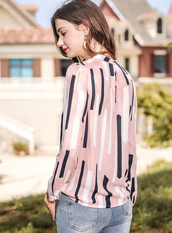 Standing Collar Color-blocked Pullover Blouse