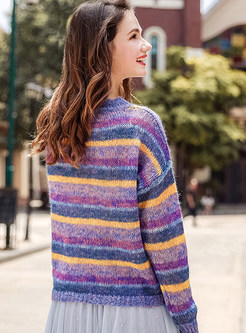 Stylish O-neck Rainbow Striped Straight Sweater