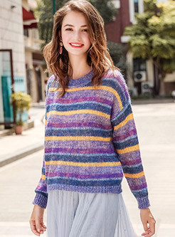 Stylish O-neck Rainbow Striped Straight Sweater