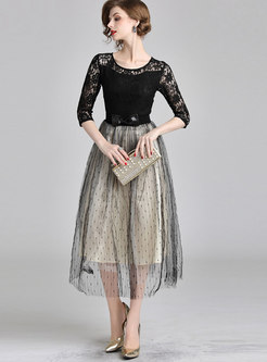 Stylish Lace-paneled Mesh Embroidered Maxi Dress 