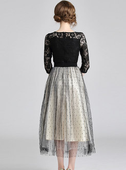 Stylish Lace-paneled Mesh Embroidered Maxi Dress 