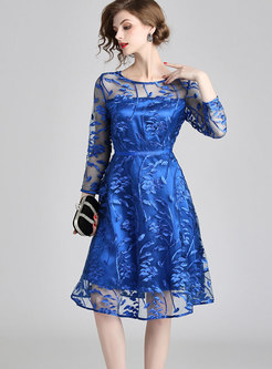 Blue Embroidery Floral Mesh Dress With See-through Look
