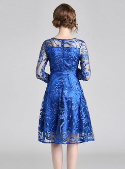 Blue Embroidery Floral Mesh Dress With See-through Look