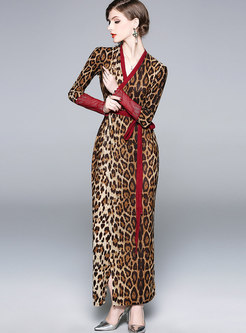 V-neck Leopard High Waisted Pencil Maxi Dress