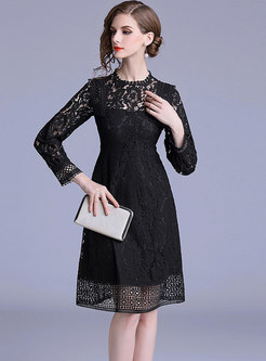 Sexy Black Lace-paneled A Line Dress With Zip-up 