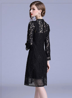 Sexy Black Lace-paneled A Line Dress With Zip-up 