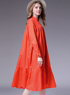 Pure Color Stand Collar Long Sleeve Shift Dress