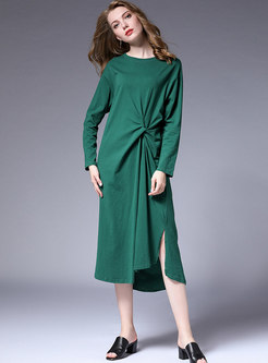 Solid Color Long Sleeve Asymmetric Side-slit Loose Dress