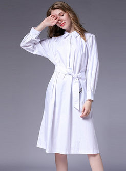 Brief White Belted Lapel Slim A Line Dress