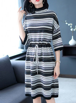 Standing Collar Striped Loose Tie-waist Knitted Dress
