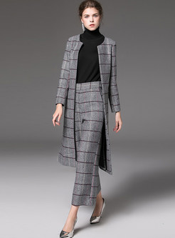 Plaid Zip-up Woolen Coat & Pocket Loose Straight Pants