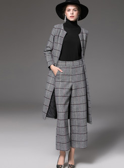 Plaid Zip-up Woolen Coat & Pocket Loose Straight Pants