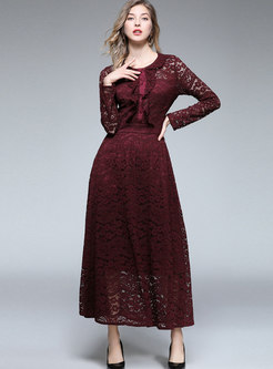 Elegant Red Long Sleeve Lace Hollow Out Flounce Maxi Dress