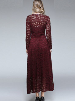 Elegant Red Long Sleeve Lace Hollow Out Flounce Maxi Dress