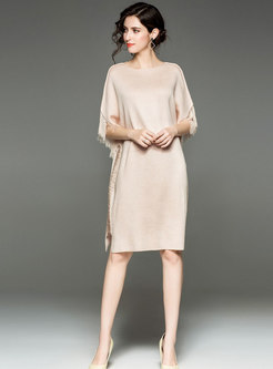 Autumn Apricot Frill Sleeve Knitted Dress With Tied Tassel