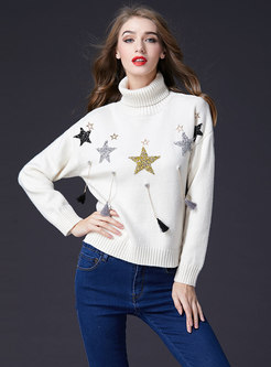 Pure Color High Neck Tassel Patch Knitted Sweater