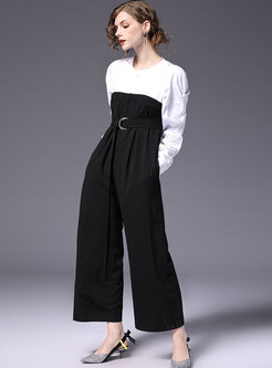 Color-blocked Splicing Puff Sleeve Belted Jumpsuit