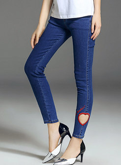 Blue Denim Embroidered Hollow Out Pencil Pants