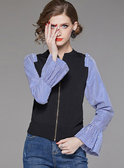 Brief Knitted Stitching Striped Flare Sleeve Coat