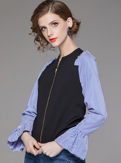 Brief Knitted Stitching Striped Flare Sleeve Coat