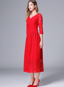 Chic Lace Red V-neck Gathered Waist Slim A Line Dress